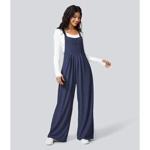 Halara Womens Wide Leg Overalls Navy Blue Pleated Bib Jumpsuit Pockets NWT Med